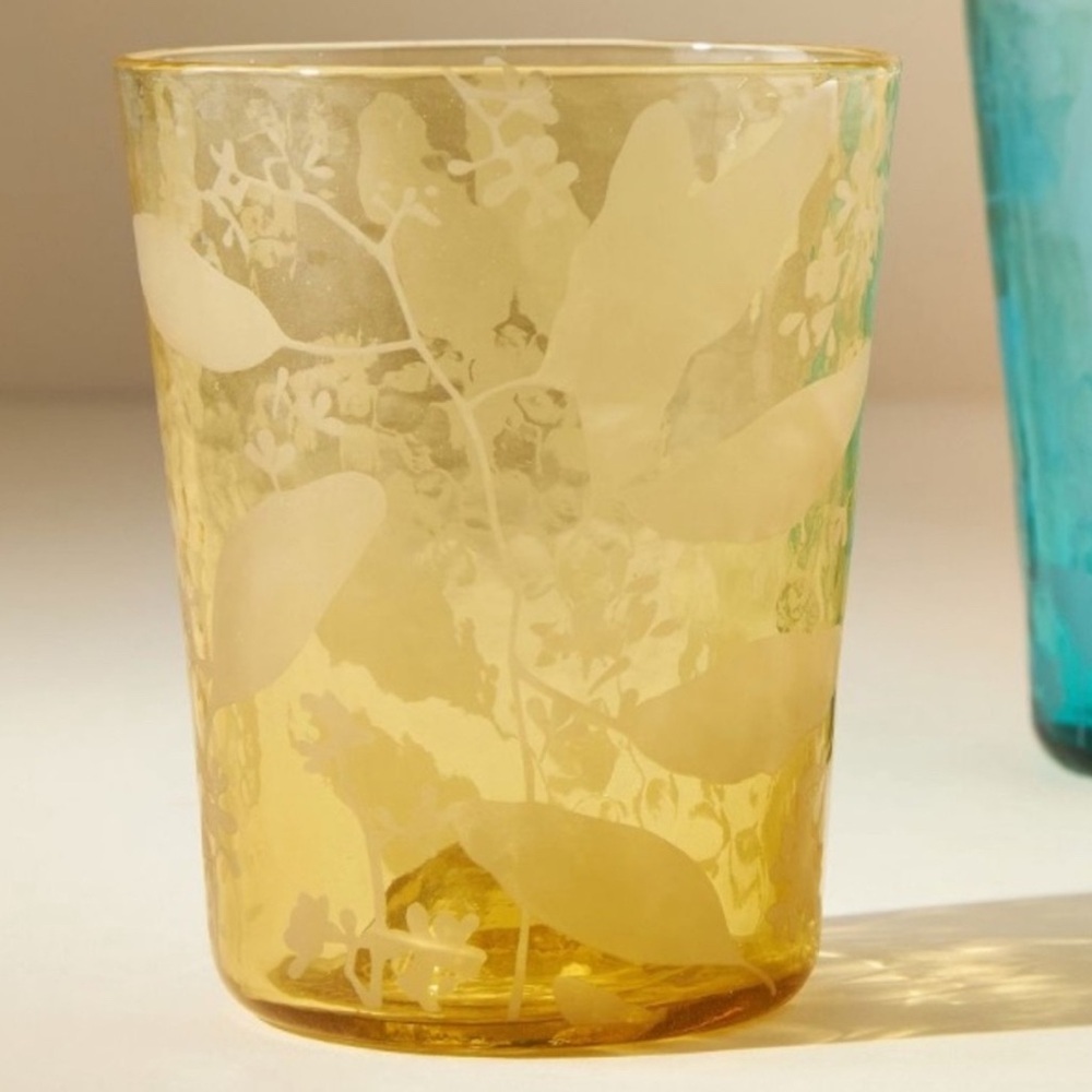 Anthropologie Ferris Amber Glass Philodendron 4" Juice Tumblers set of 3